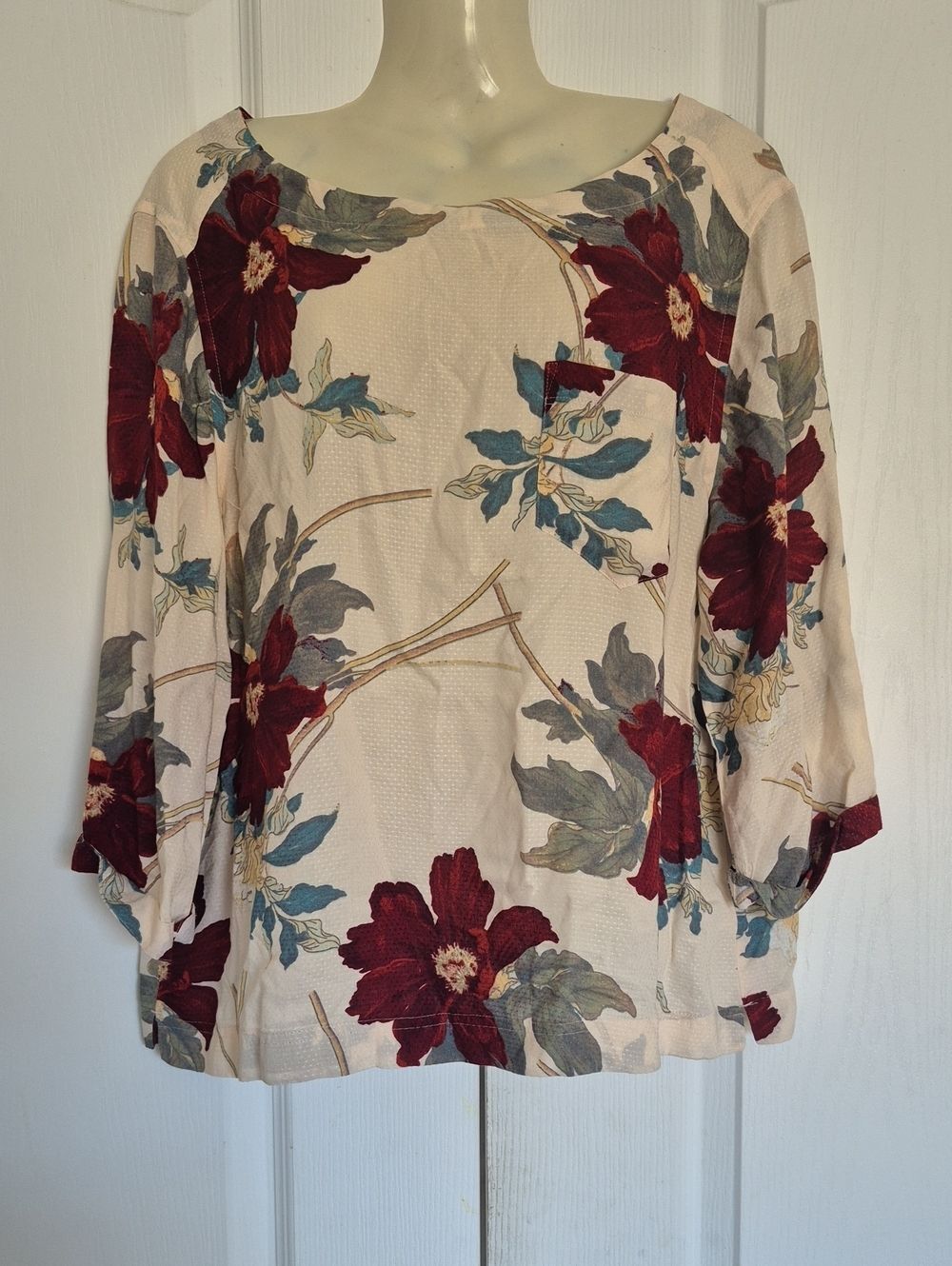 Women's Cream Floral Scoop Neck Blouse with Burgundy Blooms